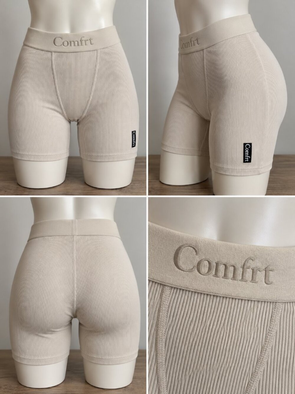 Comfrt Ribbed Contour Boxer Shorts Womens Small Beige Lounge Stretch Athleisure